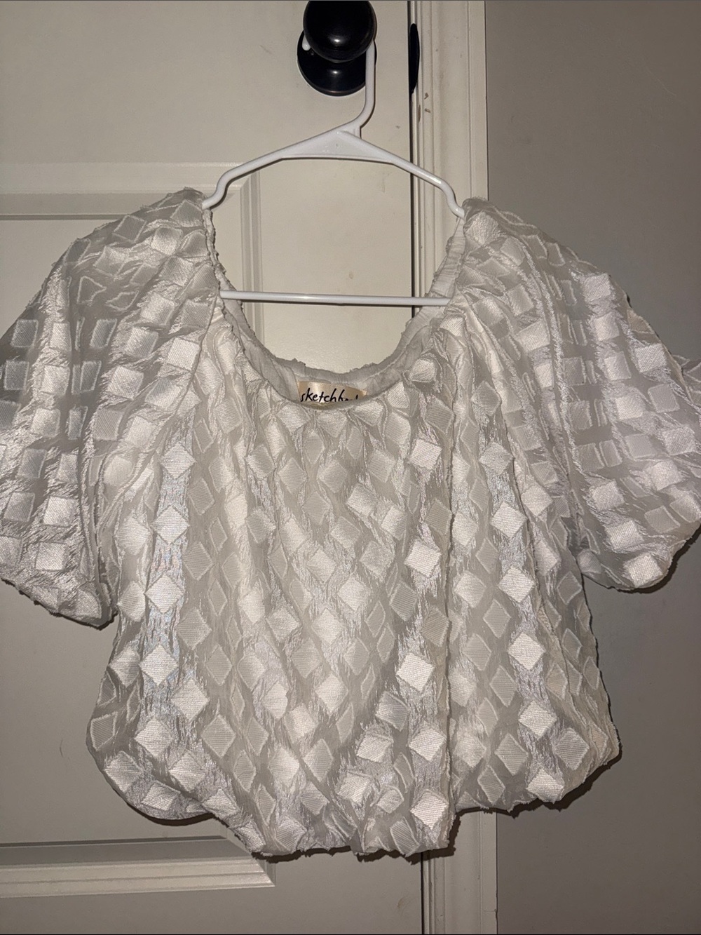 White Textured Puff-Sleeve Women's Top